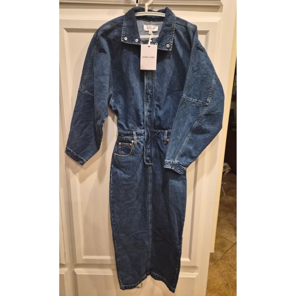 Ronny Kobo Sebastian Denim Dress XS Medium Wash Midi Zip Front 3282304DEN NEW